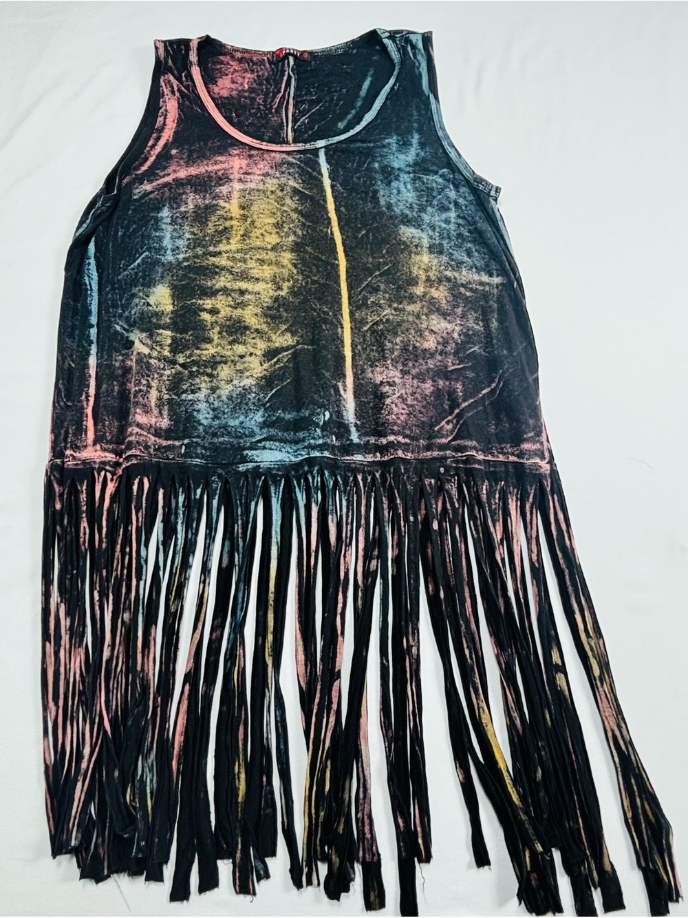 Fringed Tie-Dye Tank Top - Black with Pink, Yellow & Blue Accents W553